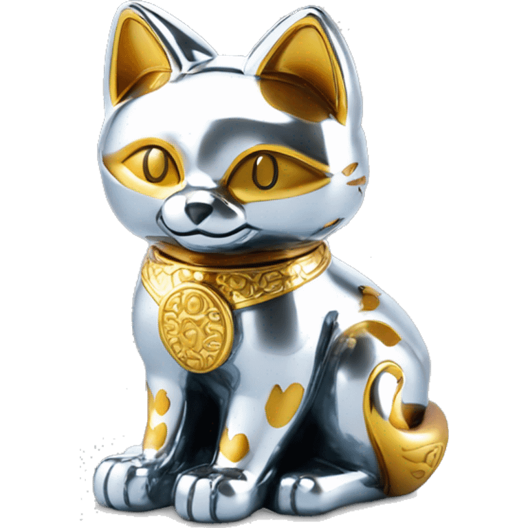 fully chrome fox statue in the form of maneki neko emoji