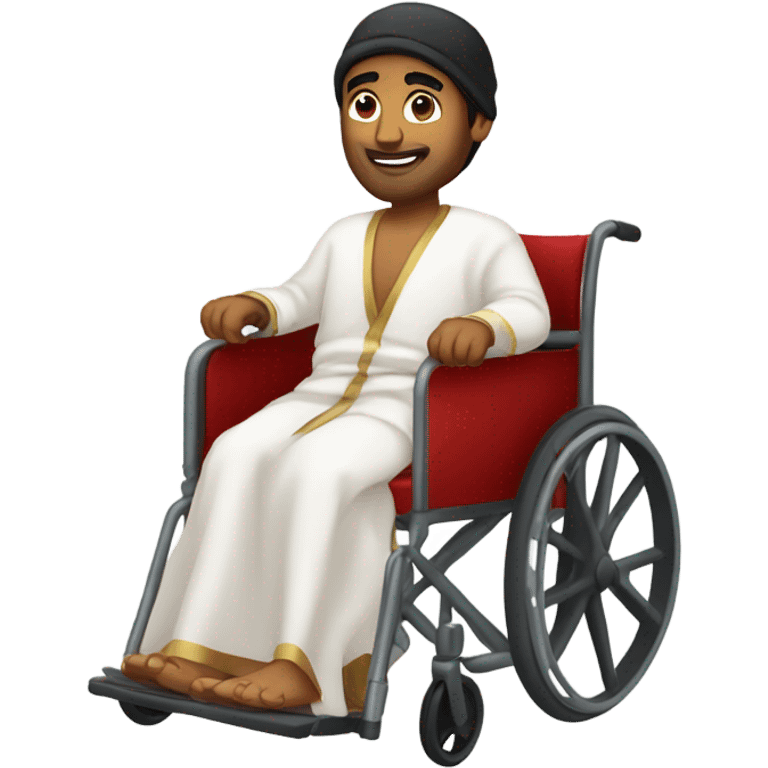 Indian guy in wheelchair with robe on and beenie emoji