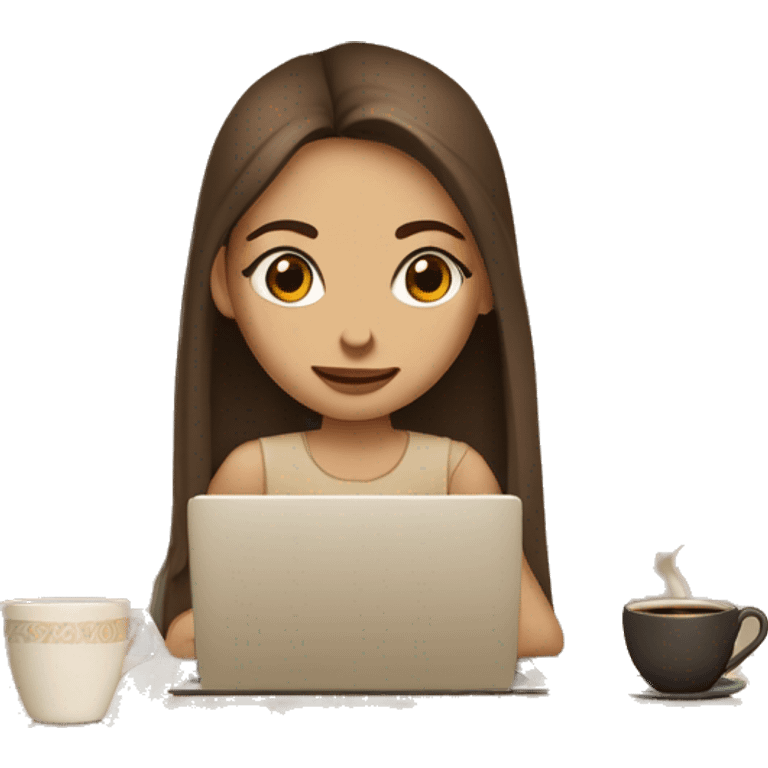 Half face of a girl at the laptop. A a cup of coffee on the left side of the table. Books on the right side. in beige tones emoji