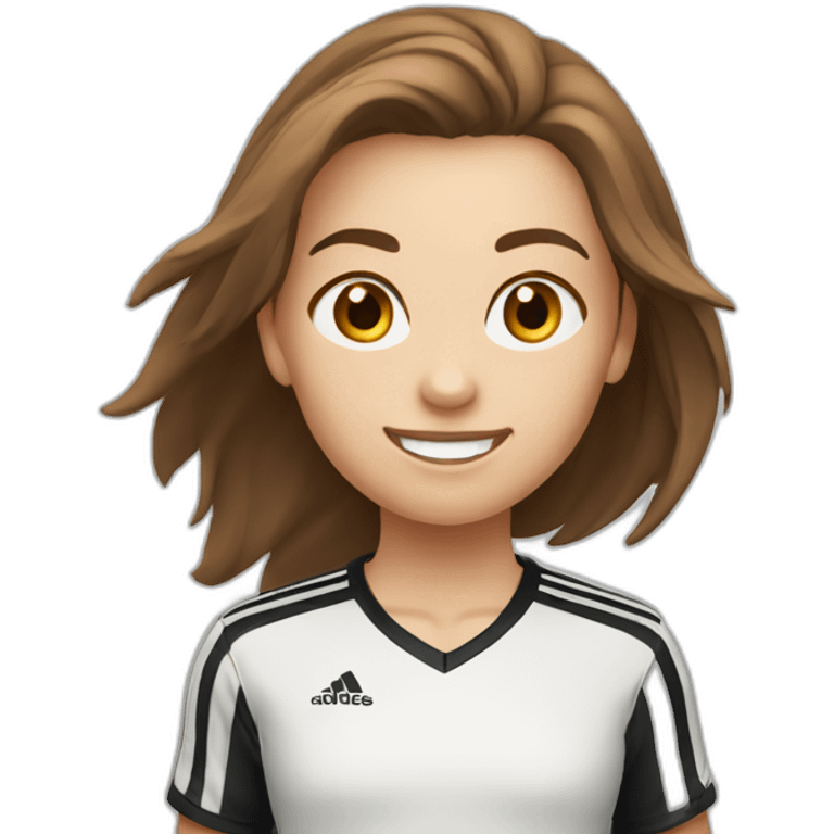 Caucasian girl with brown long hair running with a soccer ball wearing White short and black shorts emoji