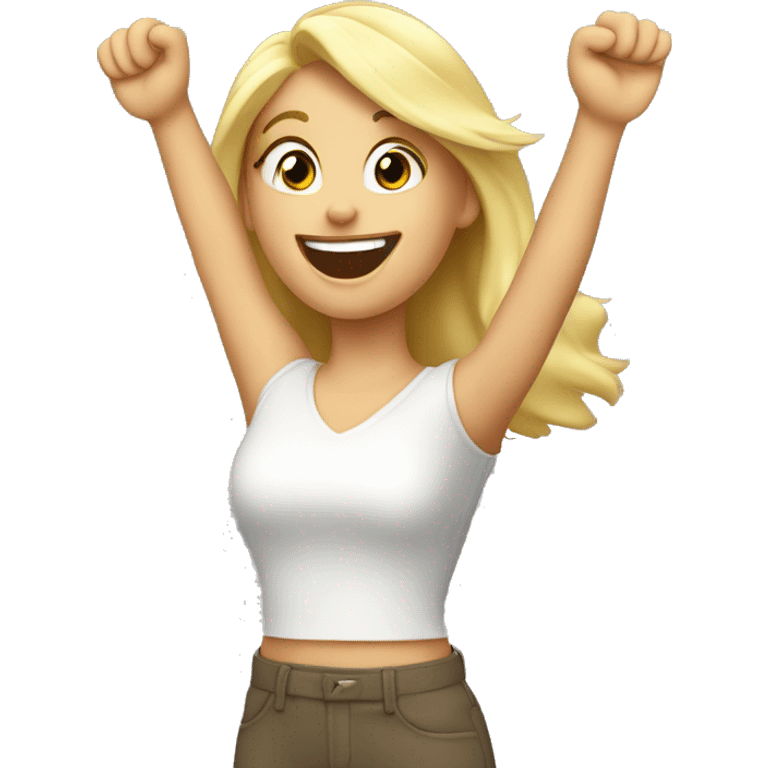 Blonde girl it hands in the air, open palm hand, happy, excited. Above waist only. emoji