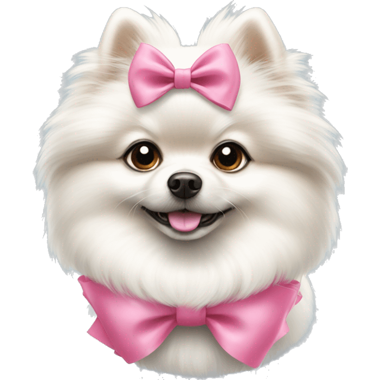 A white Pomeranian dog with a pink bow emoji