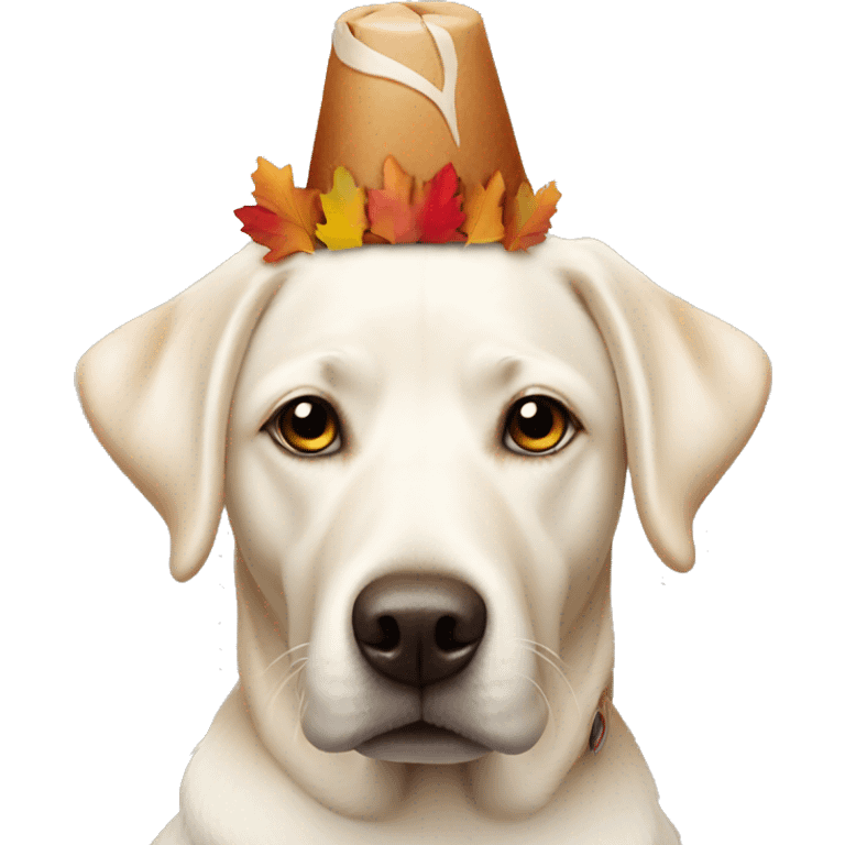 White lab wearing turkey headband emoji