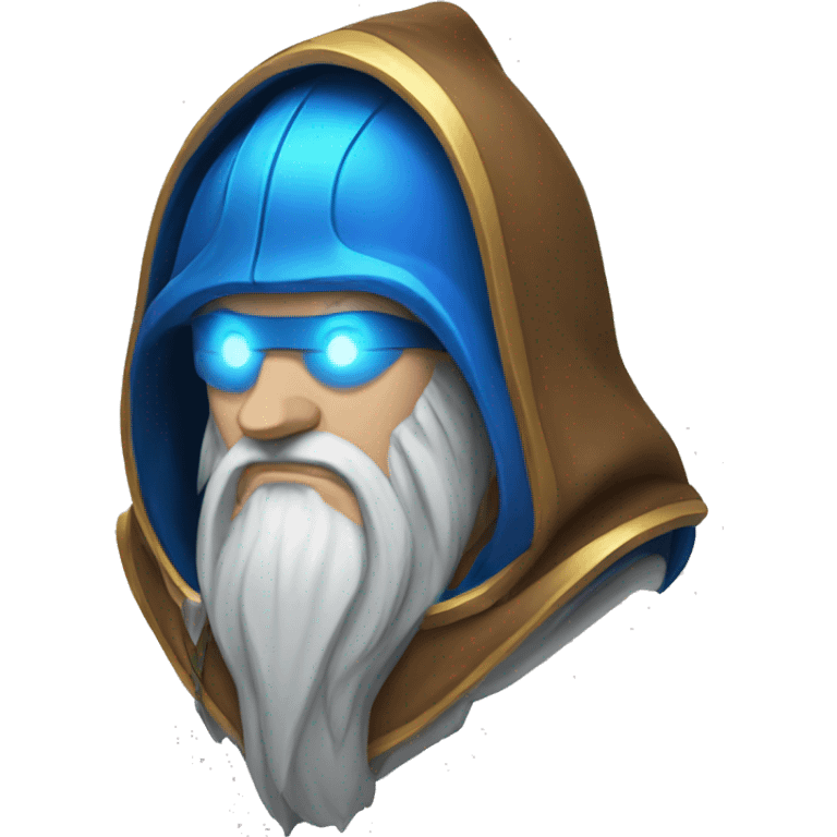 The god Odin with a hood, white beard and right eye glowing blue emoji