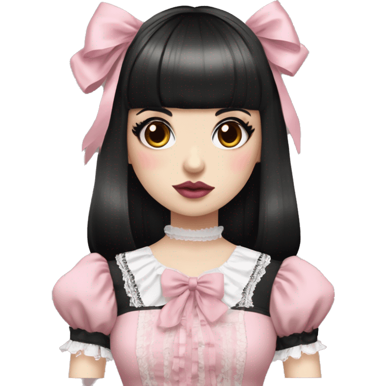 pale woman with short black hair and bangs, pink lips and eyeshadow, long eyelashes, brown eyes, pink Lolita dress with laces and ribbons, gothic Lolita doll look emoji