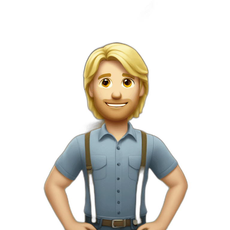 Blond man architect, with mid long blond hair, posing next to a wooden house emoji