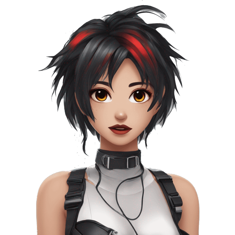 Gorgeous shiny techwear anime style lady with blushing face aesthetic and pretty edgy black red punk messy hair with collar and harness trending style emoji