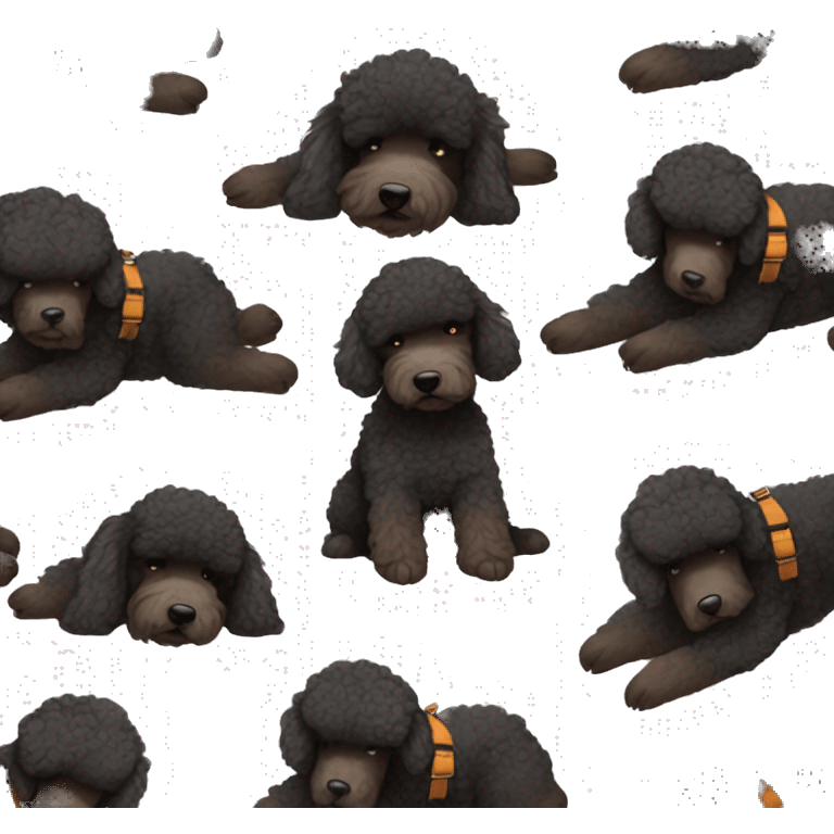 3 legs One Small unshaved Black Poodle with brown harness is  sleeping emoji