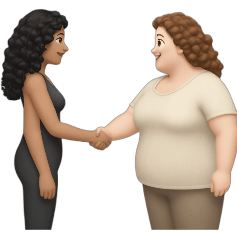 tan chubby woman with black curly hair shakes hands with a chubby pale woman who has straight light brown hair emoji