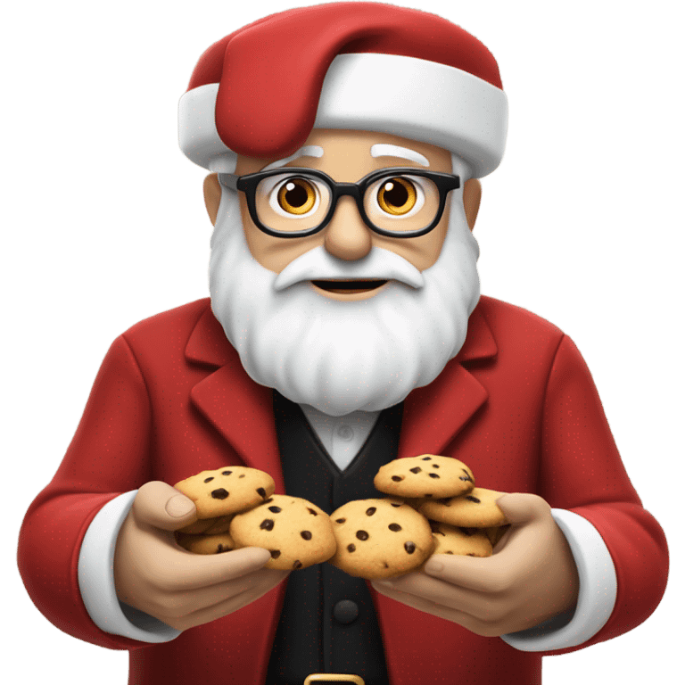 An old white man with a big white beard and small black glasses, wearing a red hat with a white pom pom atr the end, wearing a red suit with black gloves with a black gold belt is eating choclate chip cookies emoji