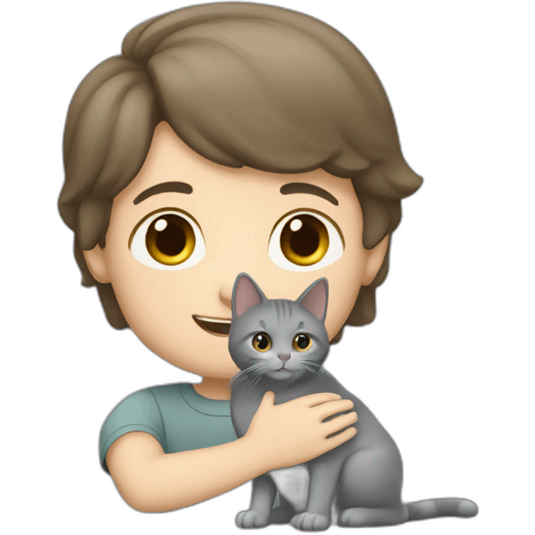 White brunette boy petting grey cat emoji