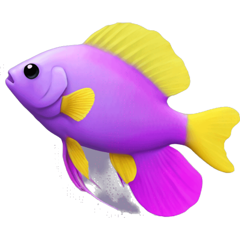 royal gramma tiny fish with purpleish pink front face and half front of body, neon yellow back half and black dot on top fin emoji