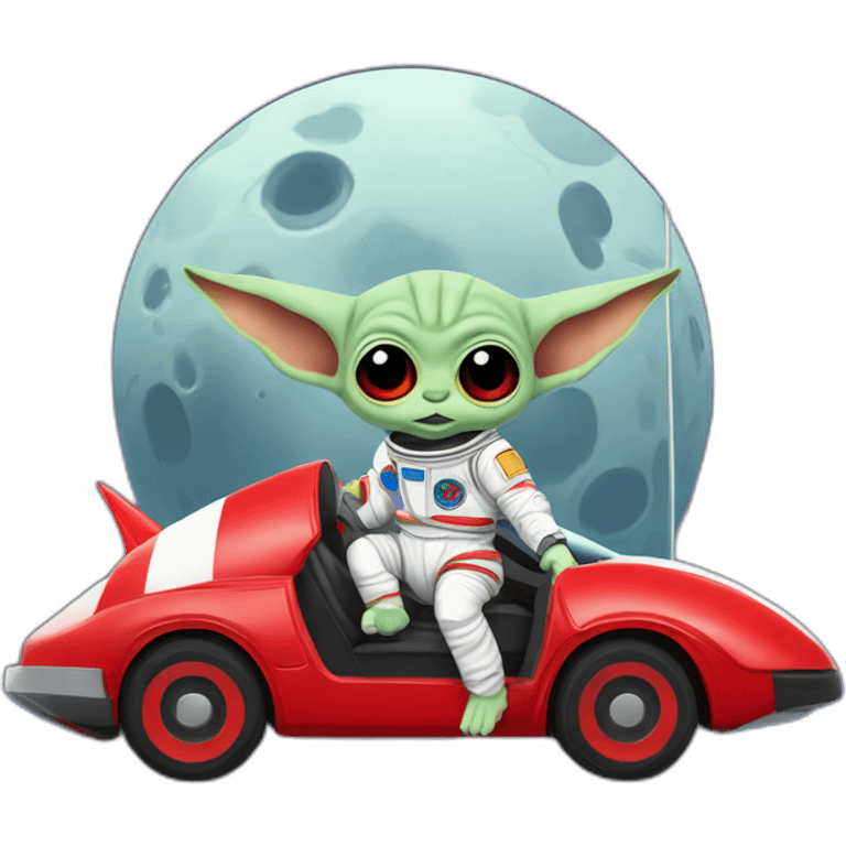 zombie michael jackson in thriller as baby yoda unicorn driving a red ferrary in an astronaut suit with peace flag on the moon emoji