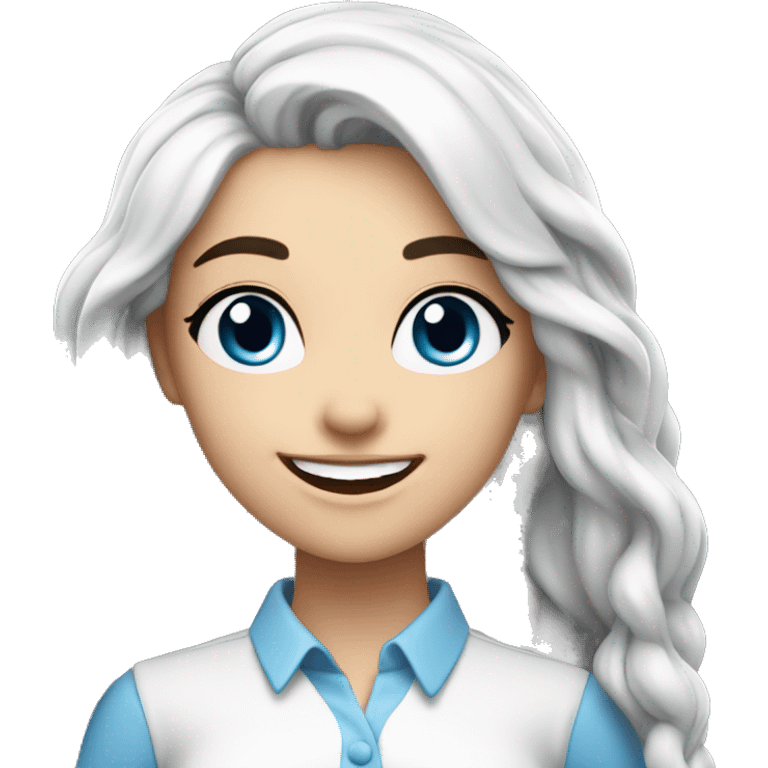 An attractive and impressive girl of European appearance with long blue hair and a white shirt smiles, epic realistic, 4k emoji