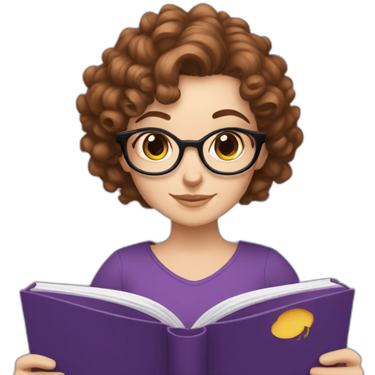 white girl without glasses and really short brown curly hair reading a purple book emoji