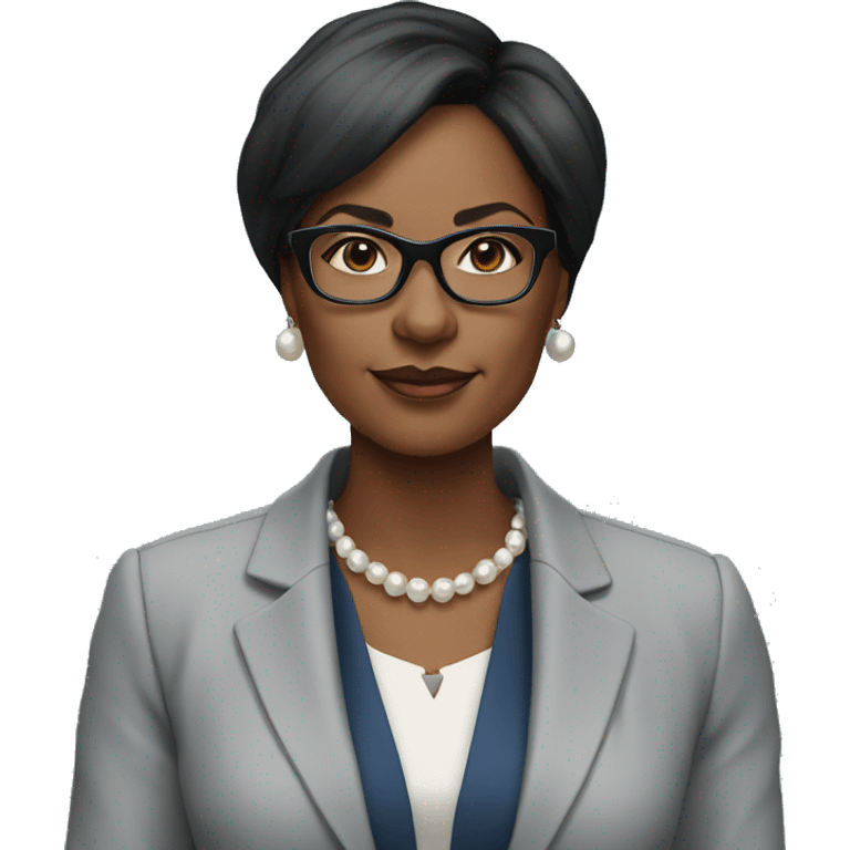 black woman ceo, black glasses, straight hair, blue blazer, pearl necklace emoji