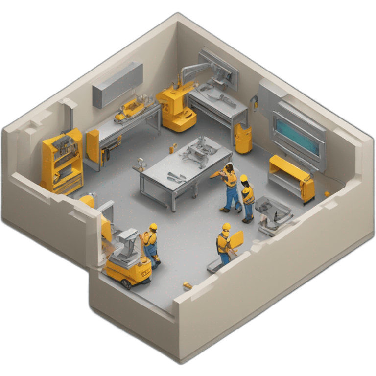 isometric transparent solid outline border containing indoor creative factory woodshop metalshop people active working cnc laser tools simple brutalist industrial makerspace concrete #edc31b  emoji