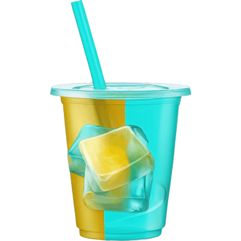 Realistic plastic cup and lid with Transluscent turquoise and large ice cubes inside and one straw through the top of the lid. emoji