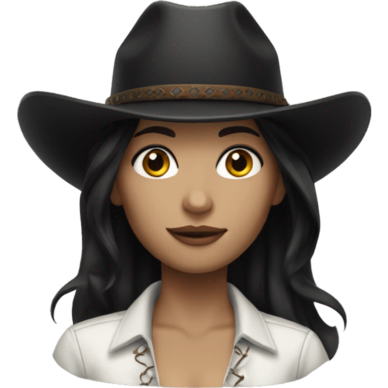 pale skin woman, black hair, black cowgirl hat emoji