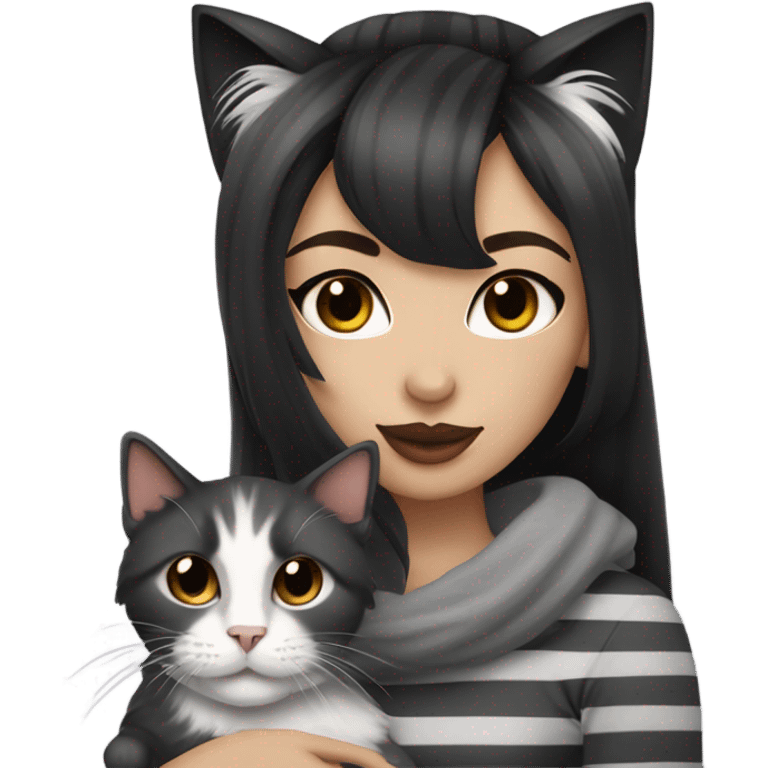 Beautiful dark haired tattooed woman holding gray and white stripe long haired cat emoji