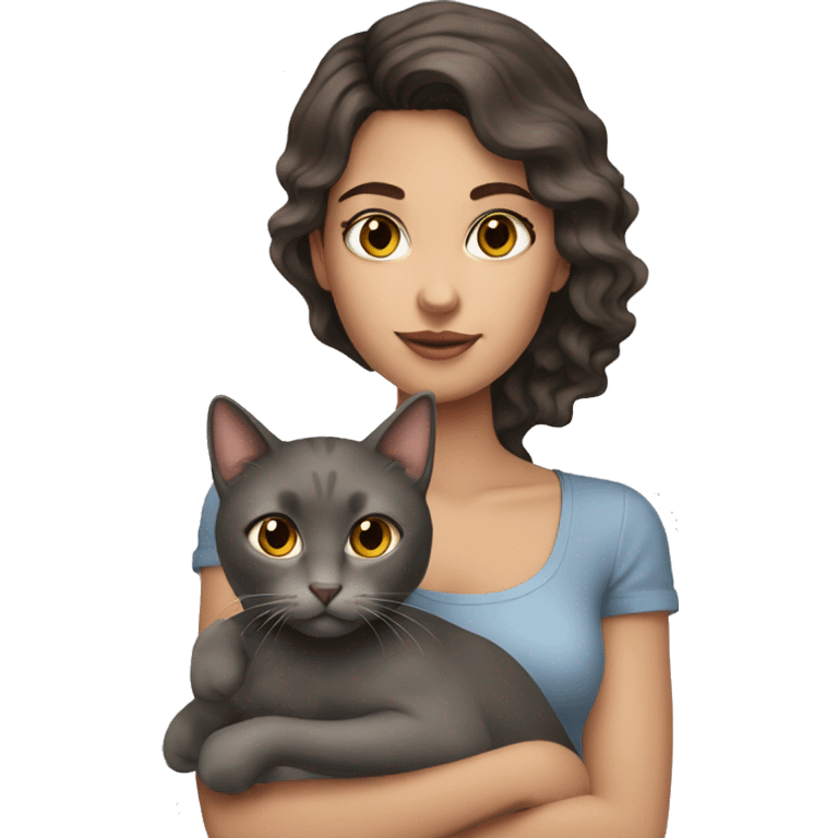 pretty wavy brunette woman with brown eyes holding grey cat emoji