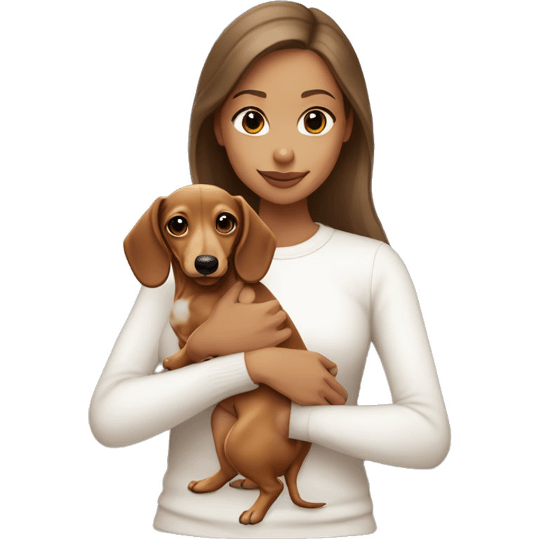 Brown haired girl with tan skin in white long sleeve holding a light blonde dachshund puppy  emoji