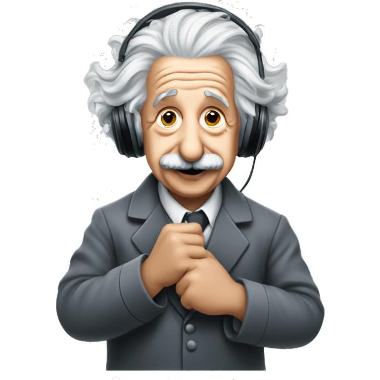 happy albert einstein holding headphone in one hand of his hands emoji