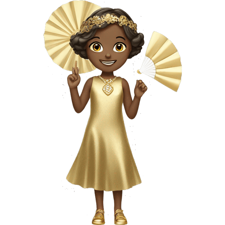 Smiling little girl in a gold Gatsby style dress with a gold piece around her head and a white hand fan emoji