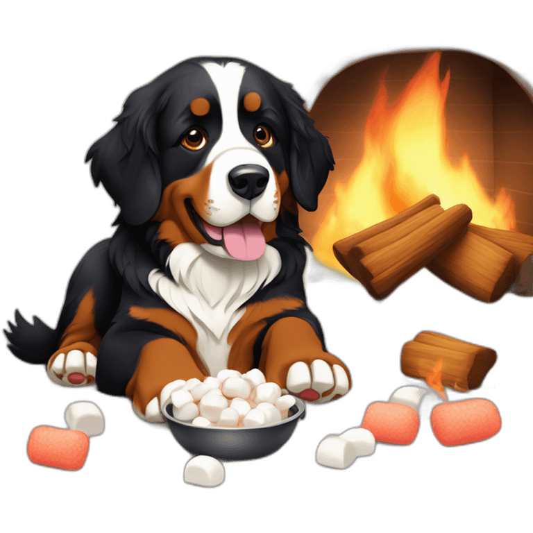 bernese mountain dog eating marshmallows cooked over fire place emoji