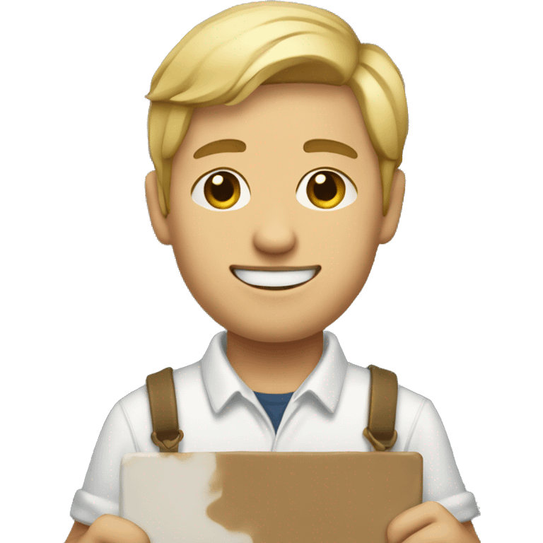 a guy with short blond hair and dressed like a painter holding a painting emoji