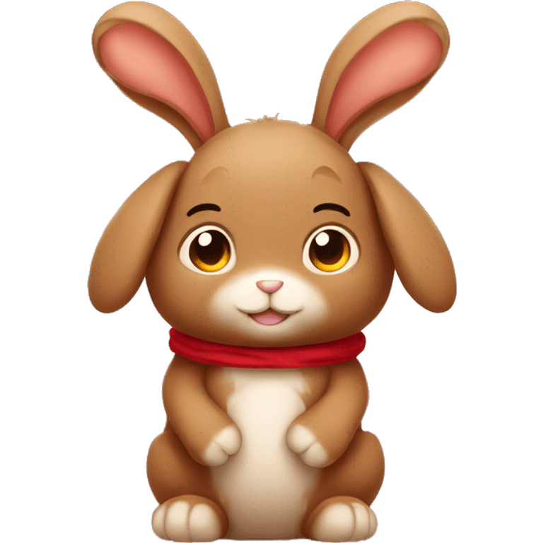 Cute Fluffy brown rabbit toy, long floppy downwards ears, wearing red tshirt  emoji