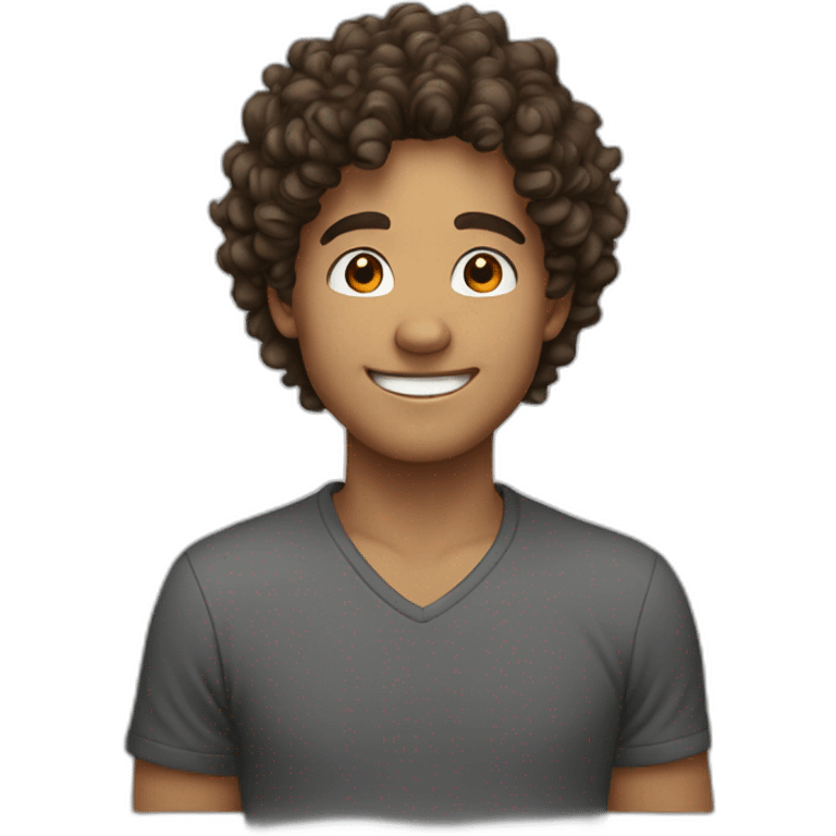 Young man with brun curly hair smiling emoji