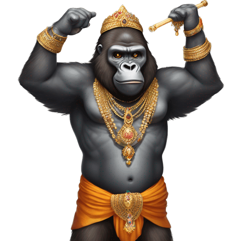 male gorilla with indian male jewellery and south indian trditional wear, holding a mace, humanoid,  emoji