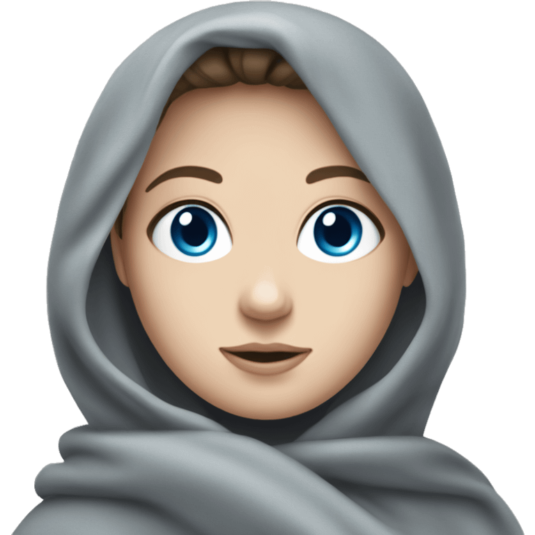 Brunette white girl with blue eyes in a grey blanket ￼ emoji