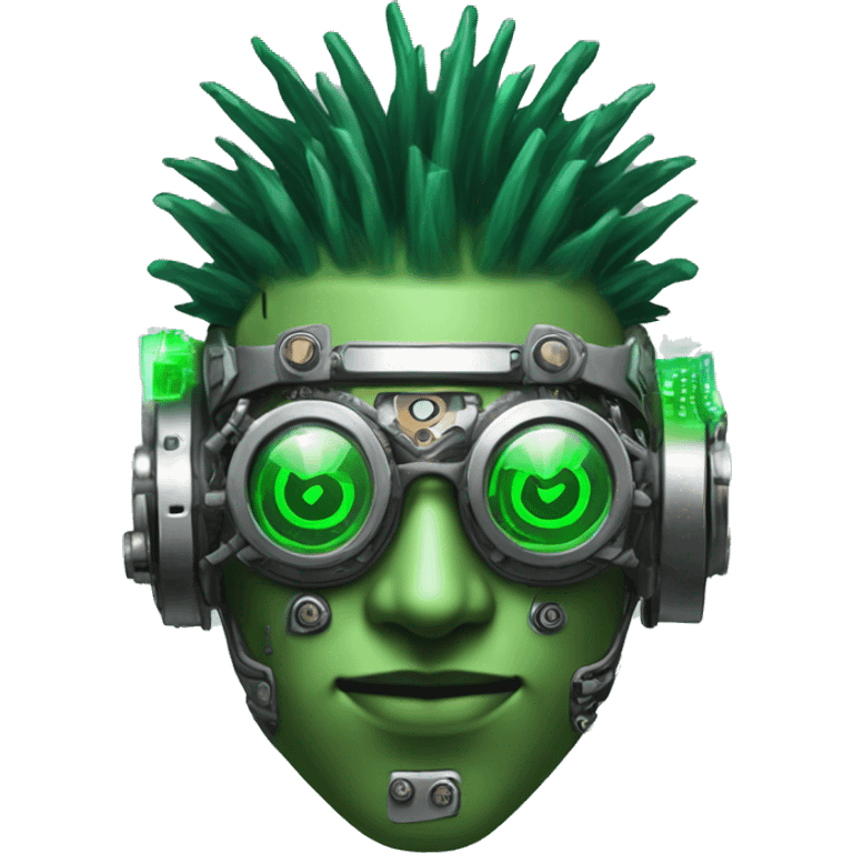 Green male cyborg head with green Mohawk, grey steampunk goggles and circuitry emoji