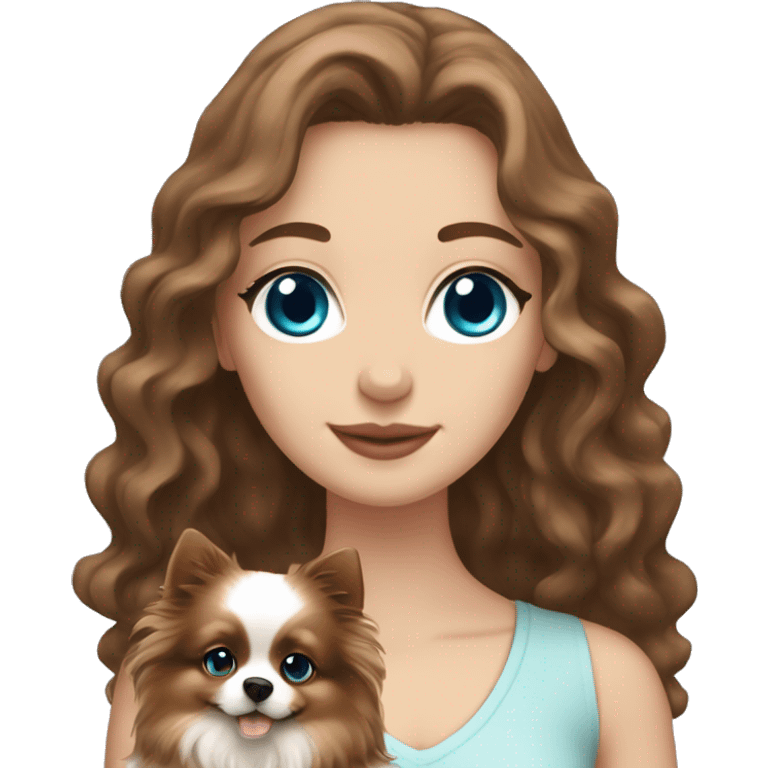 White girl with brown long wavy hair and blue eyes holding a pomeranian emoji