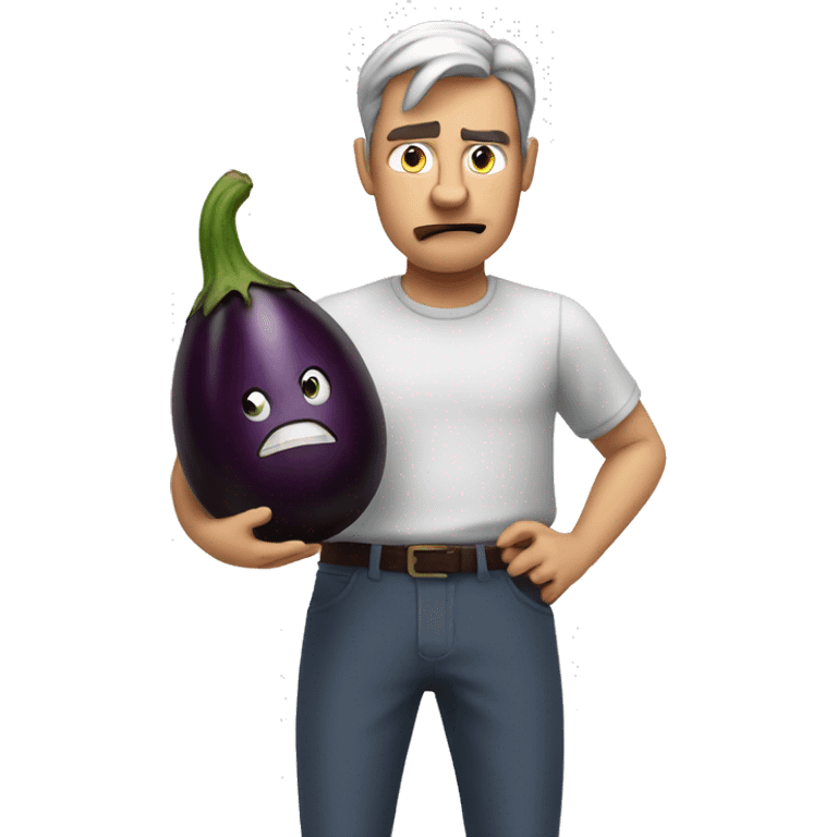 An angry man holds an eggplant in his hands emoji