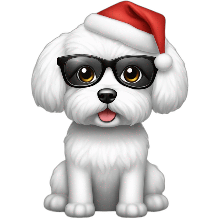 bichon dog-sitting-christmas hat-woman-black hair-glasses emoji