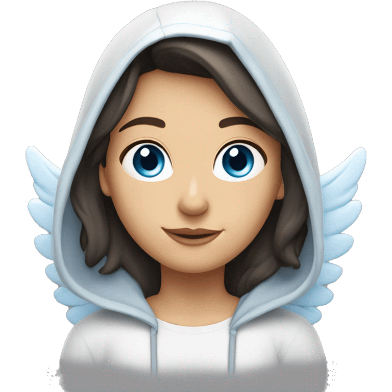 Caucasian dark haired female Angel with blue eyes and dimples wearing a hoodie with wings and a halo over her head emoji