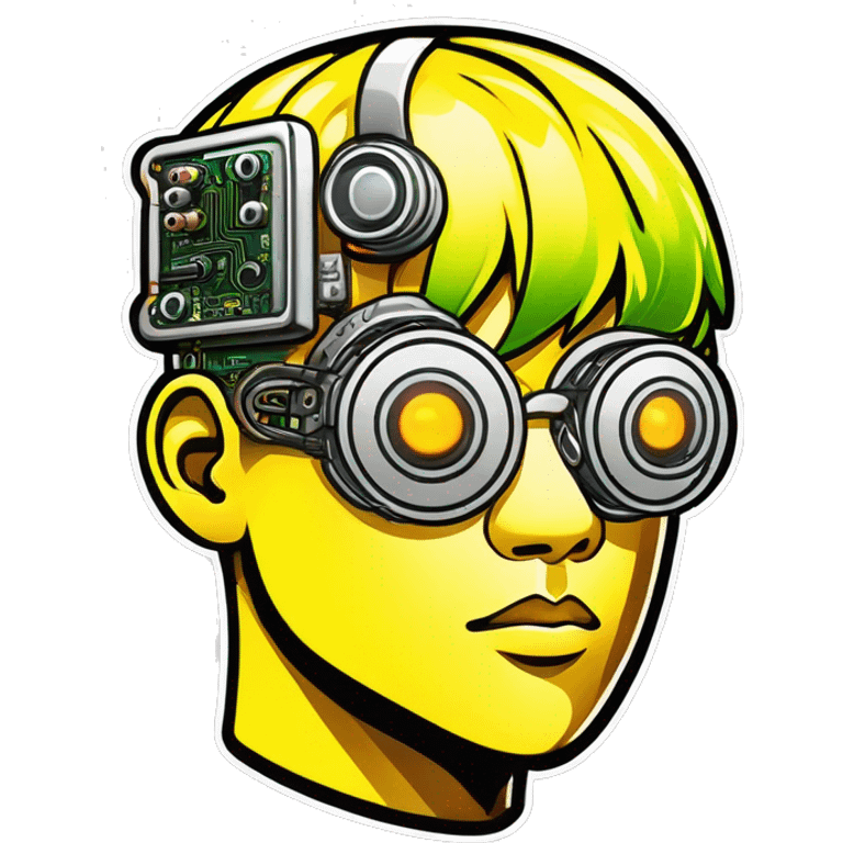 Neon yellow short hair Asian male cyborg head with silver steampunk goggles and circuits emoji