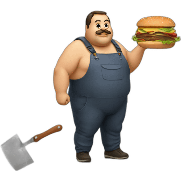 Fat man Portuguese with burger and trowel emoji