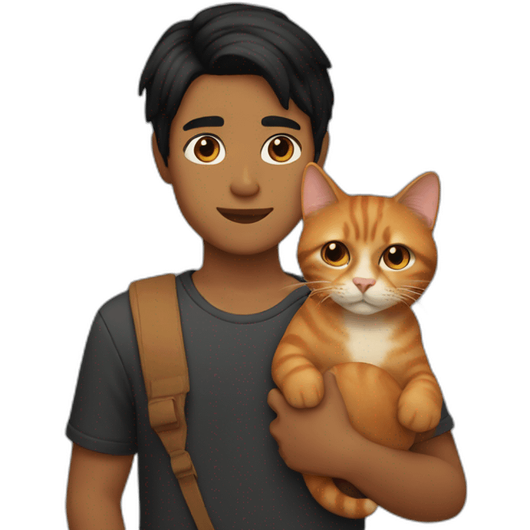 brown boy with shoulder length black hair holding a ginger cat emoji