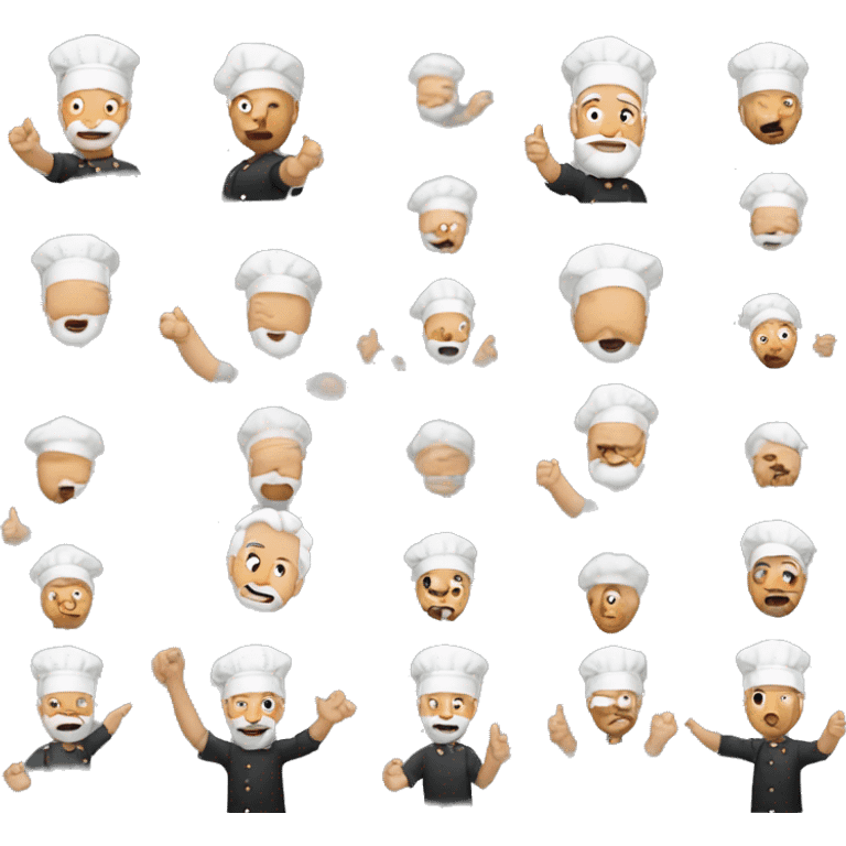 A man with white hair and a beard, a chef, should be seen raising his hands and pointing at something, for example on the left. emoji