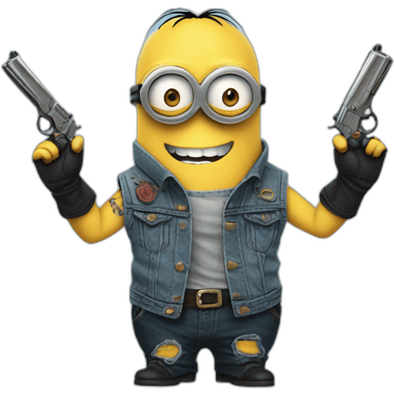 minion in a sleeveless denim jacket with tattoos on hands and in black gloves with pistols emoji