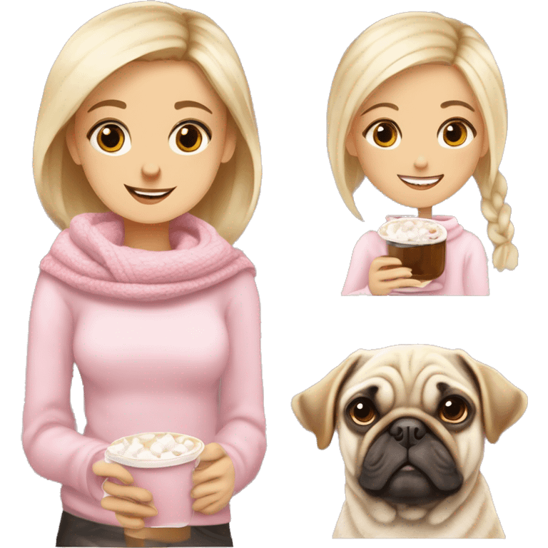 Cute Blonde girl with white scarf pink jumper cup of hot chocolate, marshmallows a flake and cream. With a pug brown dog emoji