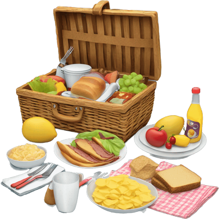 Realistic picnic lunch basket with lid open and food and dishes Packed inside   emoji