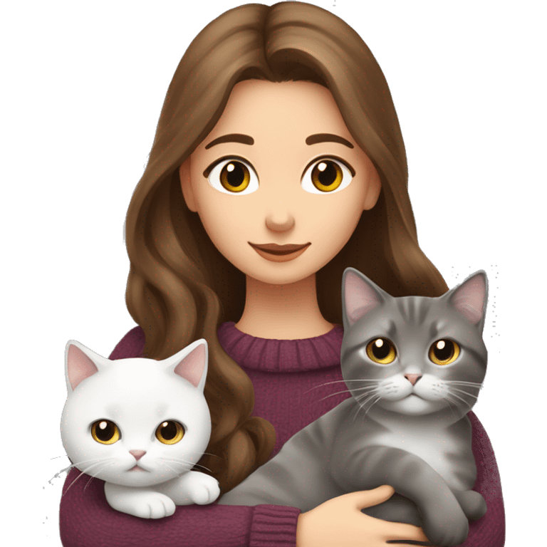 Girl with long brown hair in sweater hugging a british grey and white fold cat emoji