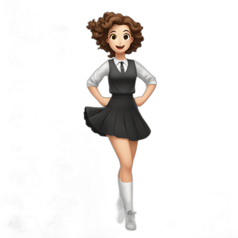 alistic-full-body-caucasian-curvy-beauty-jumping-short black-skirt-back-and-front-views-strong-wind-knickers-long-white-socks emoji