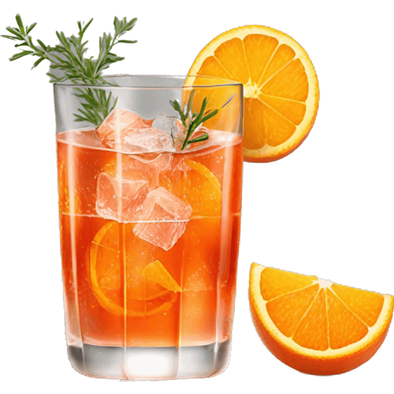 One Aperol spritz in a glass with three ice cubes, one slice of an orange, and one strand of thyme in it emoji