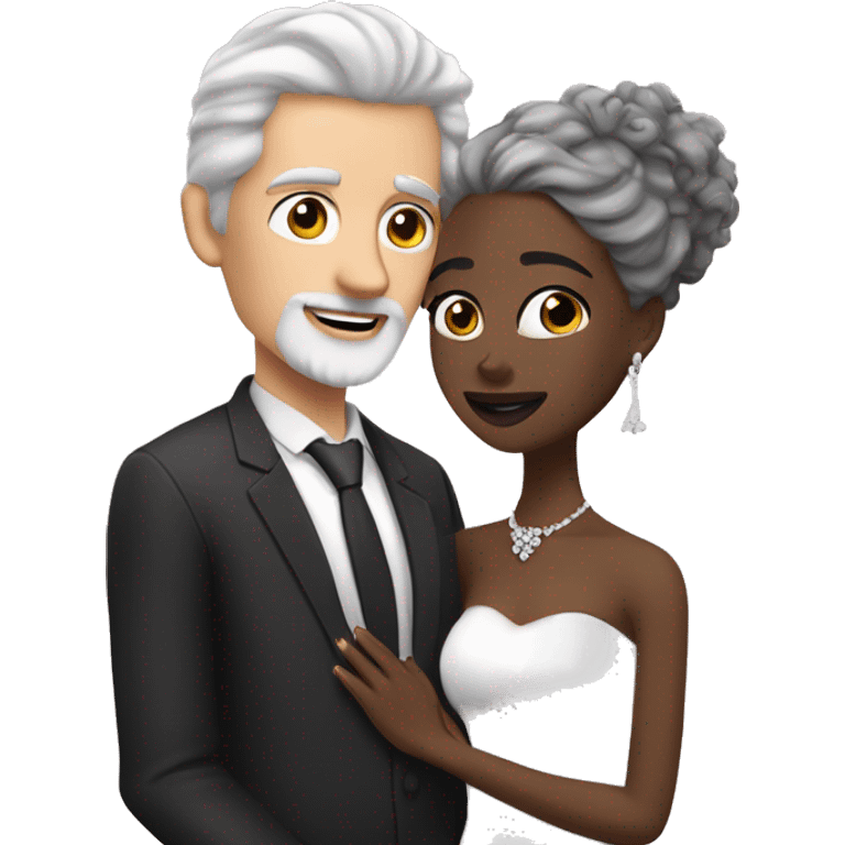 A pale white man with grey hair and with a goatee has just married, with a black woman with black neck length curly hair and a brown complexion. They have a lot of money. they are hugged emoji